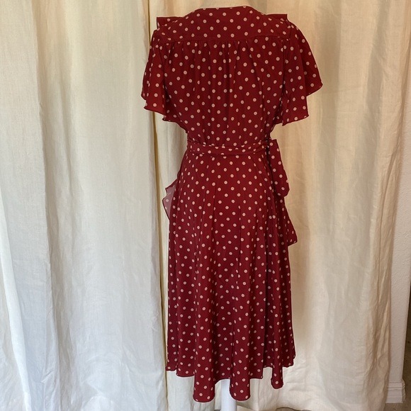 Unique Vintage Red and Cream Polkadot Ruffled Wrap Dress - Picture 3 of 7